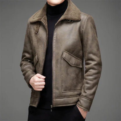 Men's Vegan Leather Jacket Warm Fleece Lining