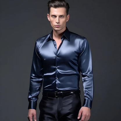 Men's Slim Fit Shiny Long Sleeve Shirt