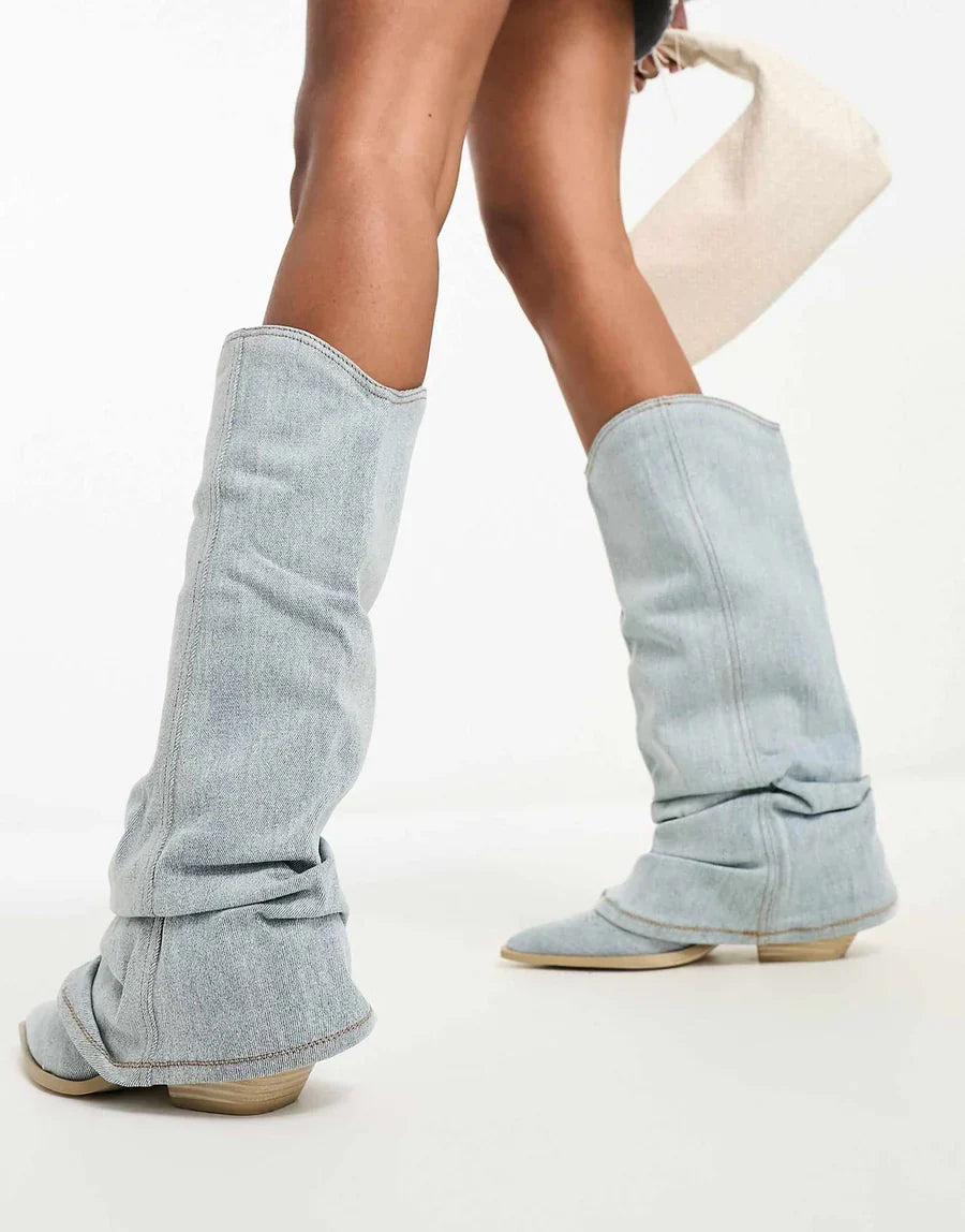 Damenschuhe Kniehohe Stiefel Jeansstyle - IdealeKleiden