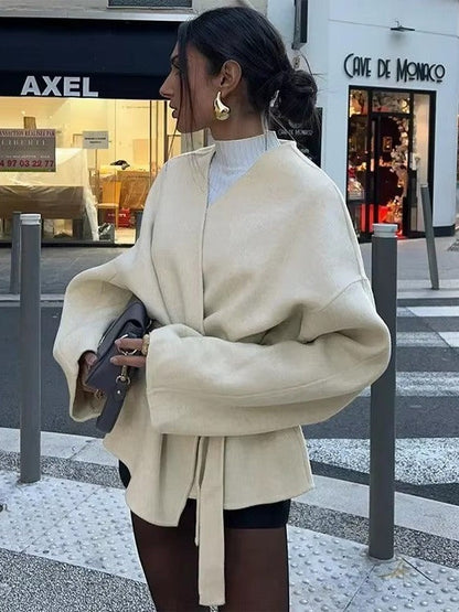 Elegant Lace-Up Jacket With Adjustable Belt