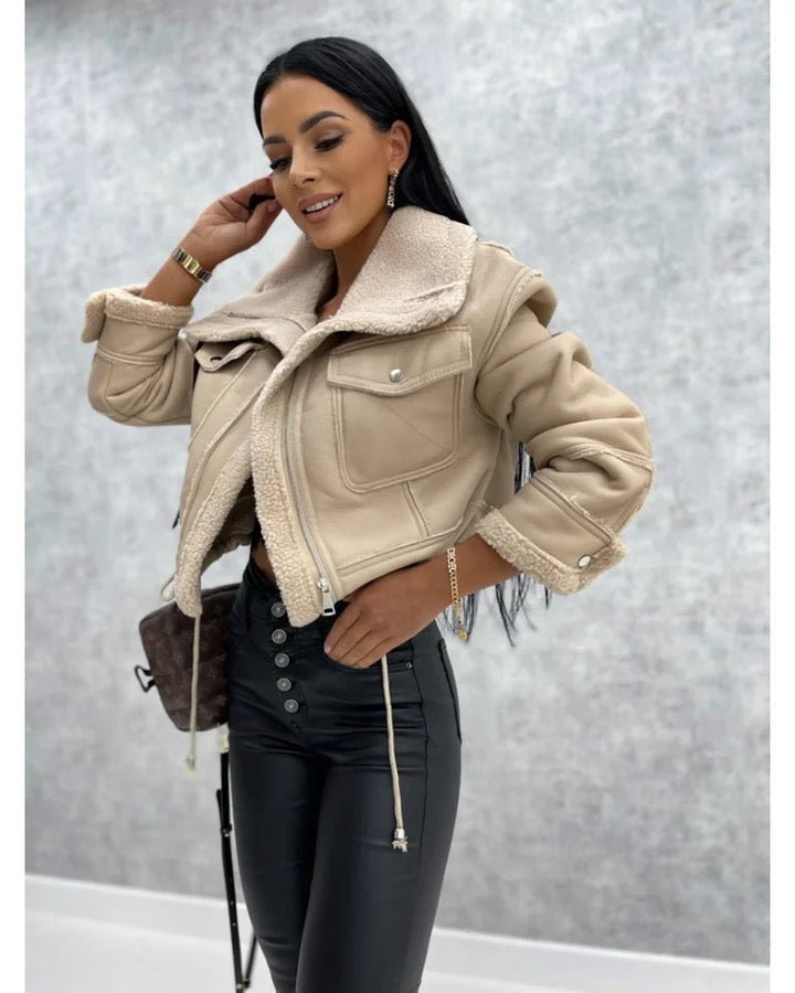 Stylish Leather Jacket Black Teddy Fleece Lining Women