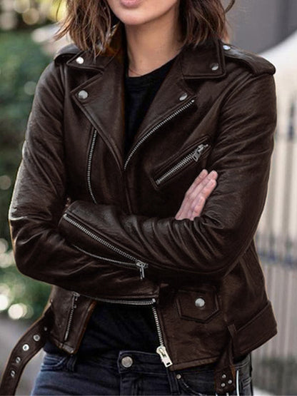 Stylish Women's Leather Jacket Elegant Zipper