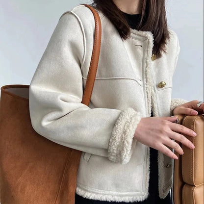 Shearling Jacket Soft Lined Collarless Elegant Design