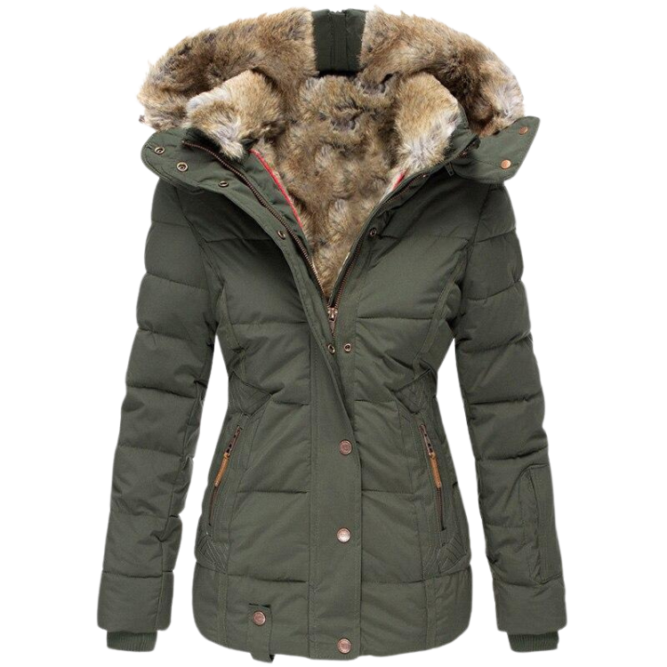 Warm Winter Dress | Women's Coat with Fur Collar and Quilted Seams