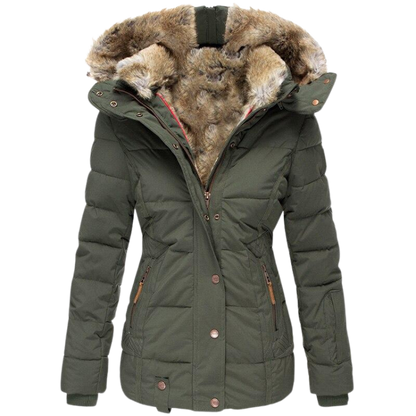 Warm Winter Dress | Women's Coat with Fur Collar and Quilted Seams