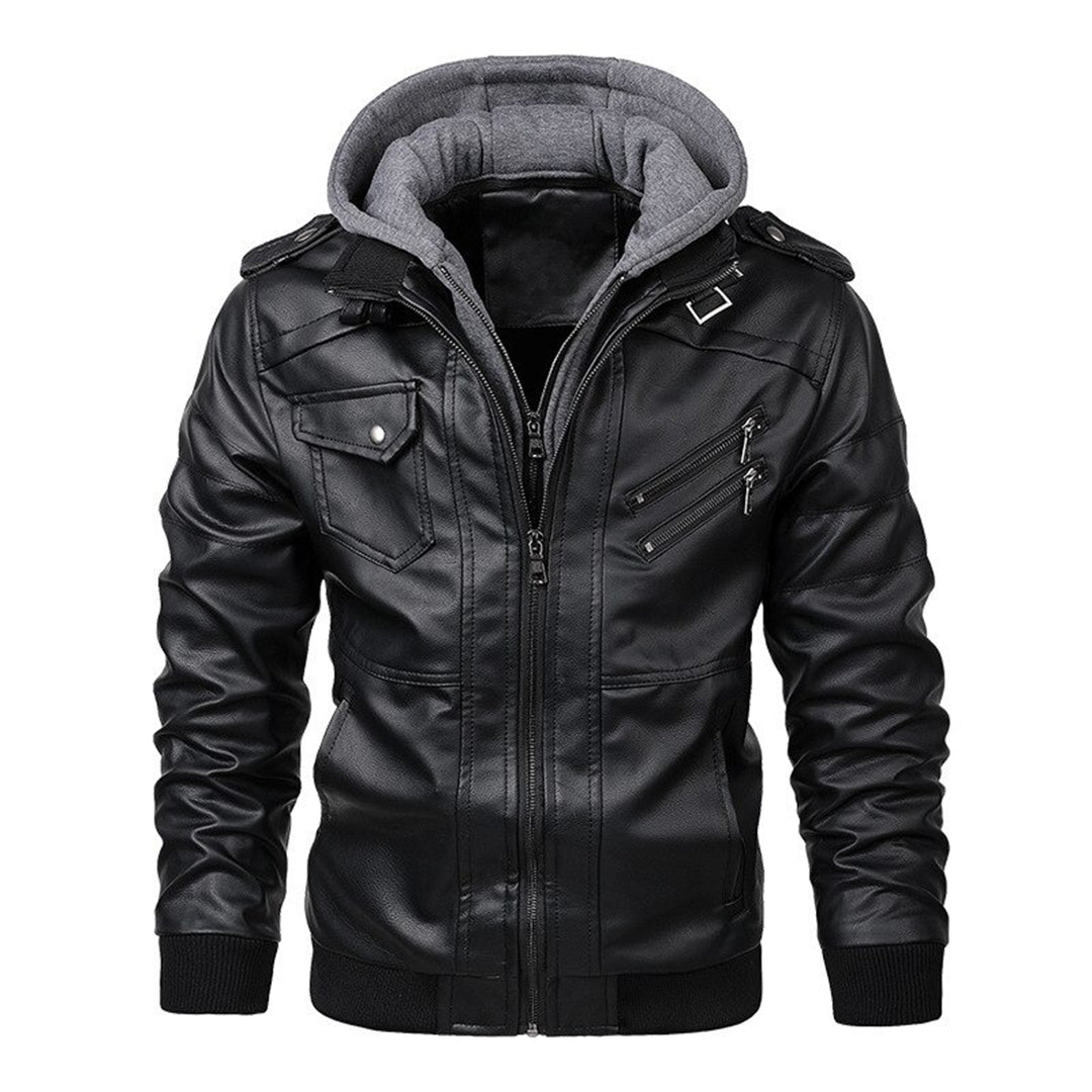 Men's Leather Jacket Biker Style Hood