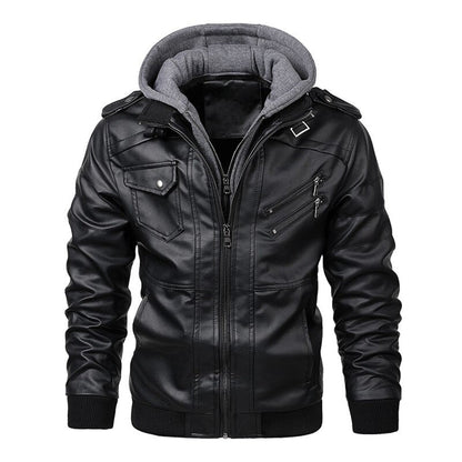 Men's Leather Jacket Biker Style Hood