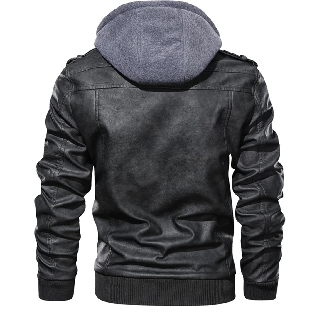 Herren Lederjacke Biker Style Doppellagige Kapuze - IdealeKleiden