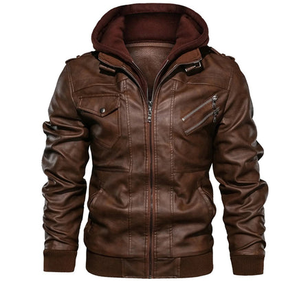 Men's Leather Jacket Biker Style Hood