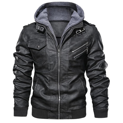 Men's Leather Jacket Biker Style Hood