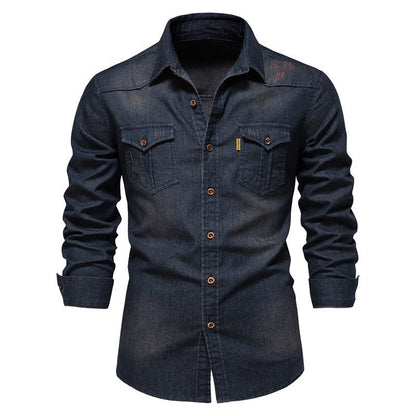 Men's Slim Fit Long Sleeve Denim Shirt Buttons