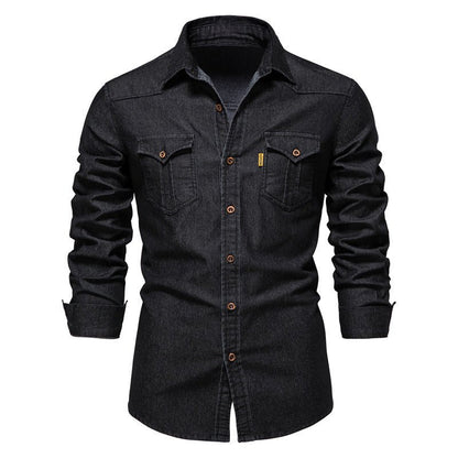 Slim Fit Herren Jeanshemd Langarm Knöpfe - IdealeKleiden