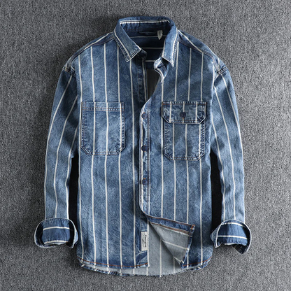 Men's Striped Long Sleeve Button-Down Denim Shirt