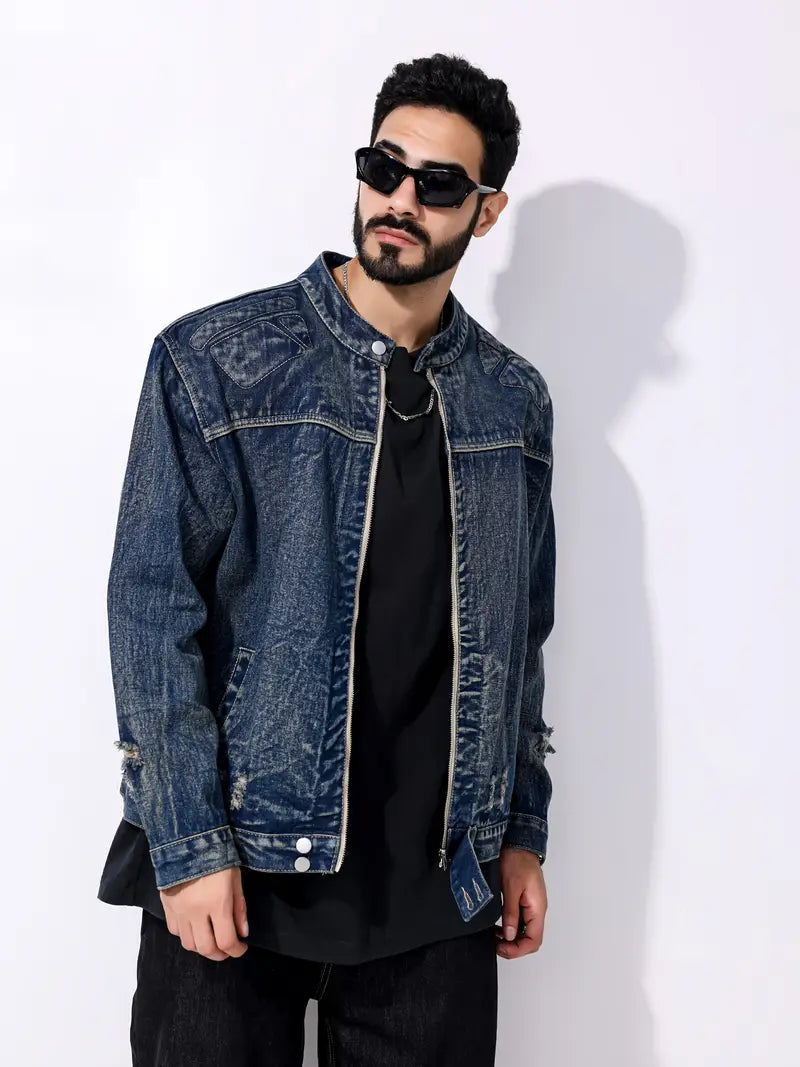 Männer Jeansjacke Blau Reißverschluss - IdealeKleiden
