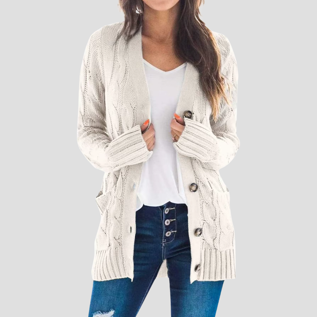 Women's Warm Cable Knit Cardigan with Buttons and Pockets