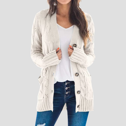 Women's Warm Cable Knit Cardigan with Buttons and Pockets