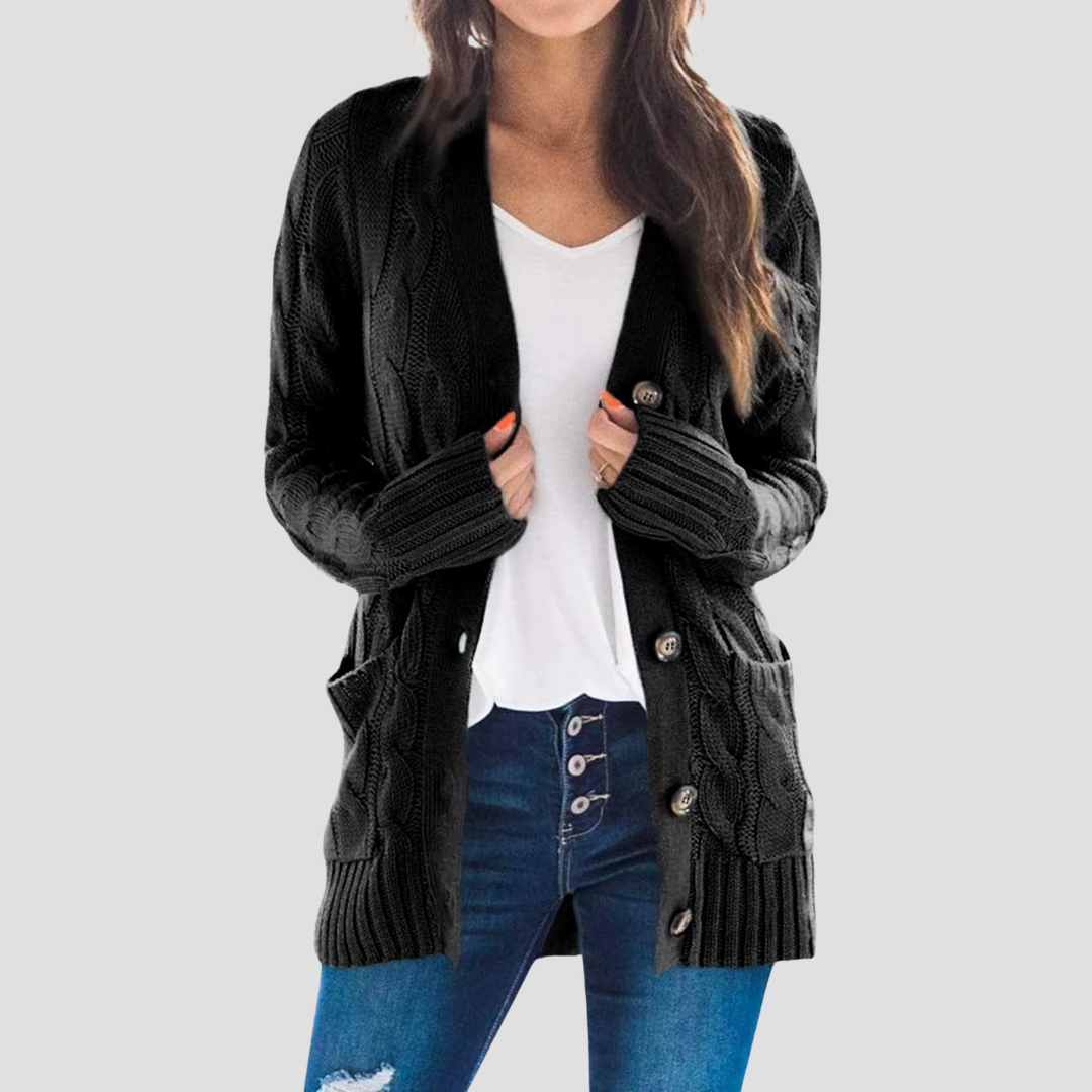 Women's Warm Cable Knit Cardigan with Buttons and Pockets