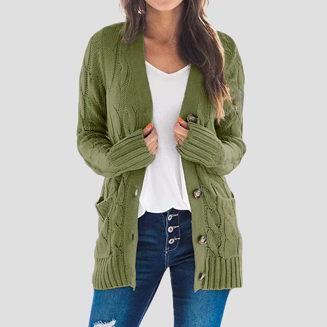 Women's Warm Cable Knit Cardigan with Buttons and Pockets