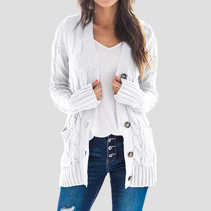 Women's Warm Cable Knit Cardigan with Buttons and Pockets