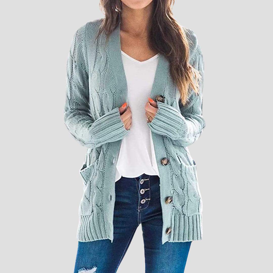 Women's Warm Cable Knit Cardigan with Buttons and Pockets