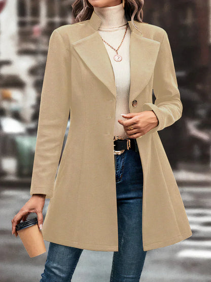 Women's Mid-Length Coat with Lapel Collar - Elegant Transitional Coat → Women's Long Coat Elegant Lapel Collar