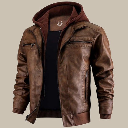 Men's Leather Jacket with Hood and Zipper