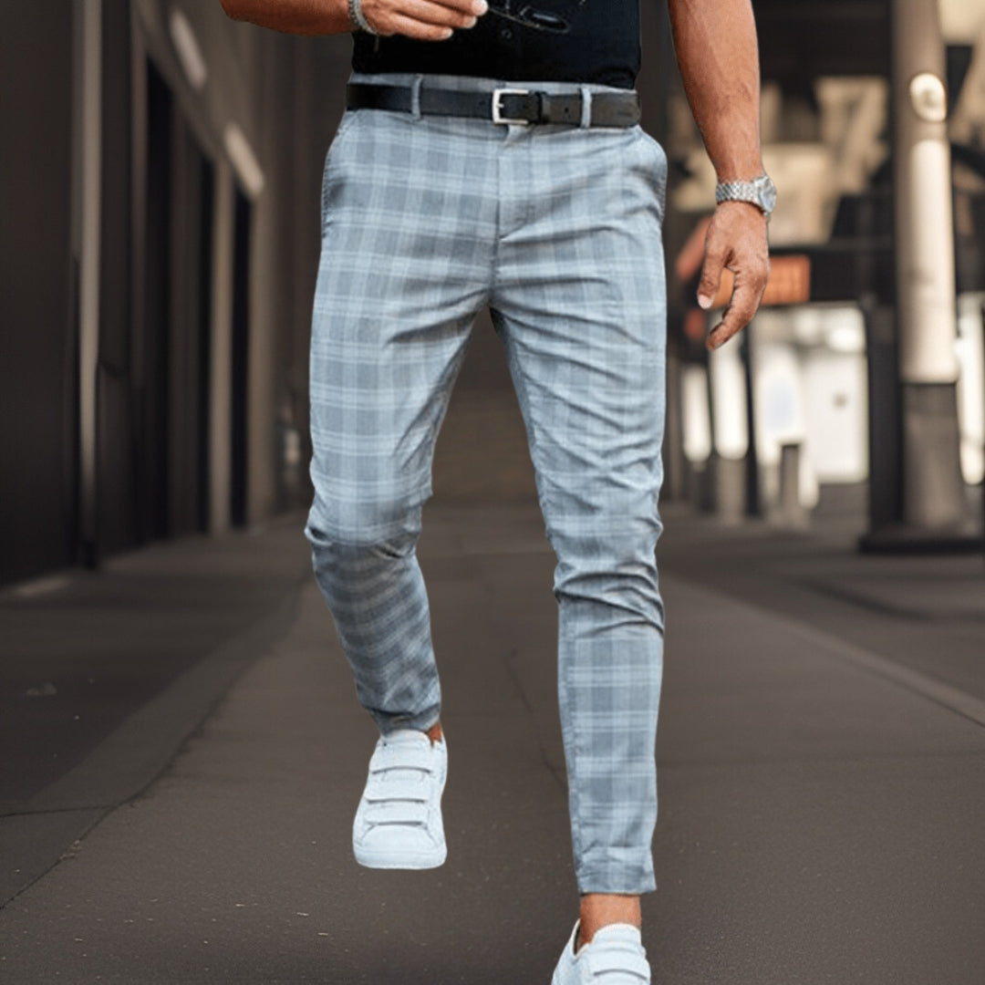 Men's Slim Fit Chino Trousers Tartan Plaid