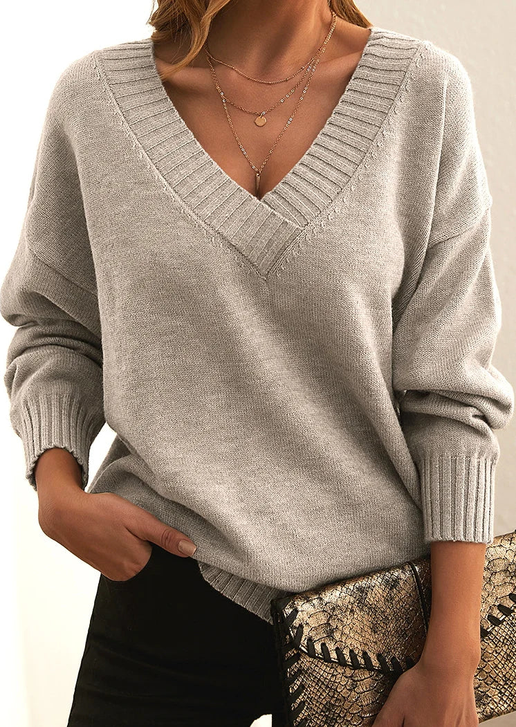 Damen Pullover V-Ausschnitt Langarm Rippborte - IdealeKleiden