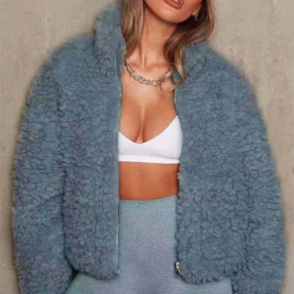 Women's Warm Wool Jacket with Zipper and High Collar