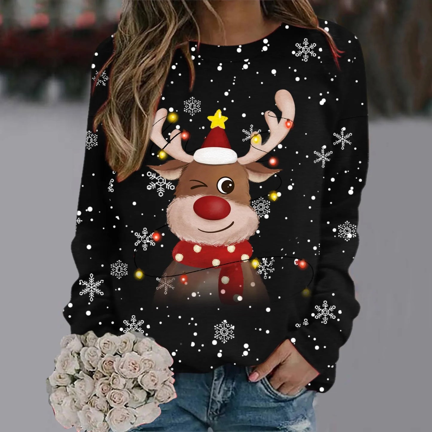 Women's Soft Christmas Jumper 3D Reindeer Design