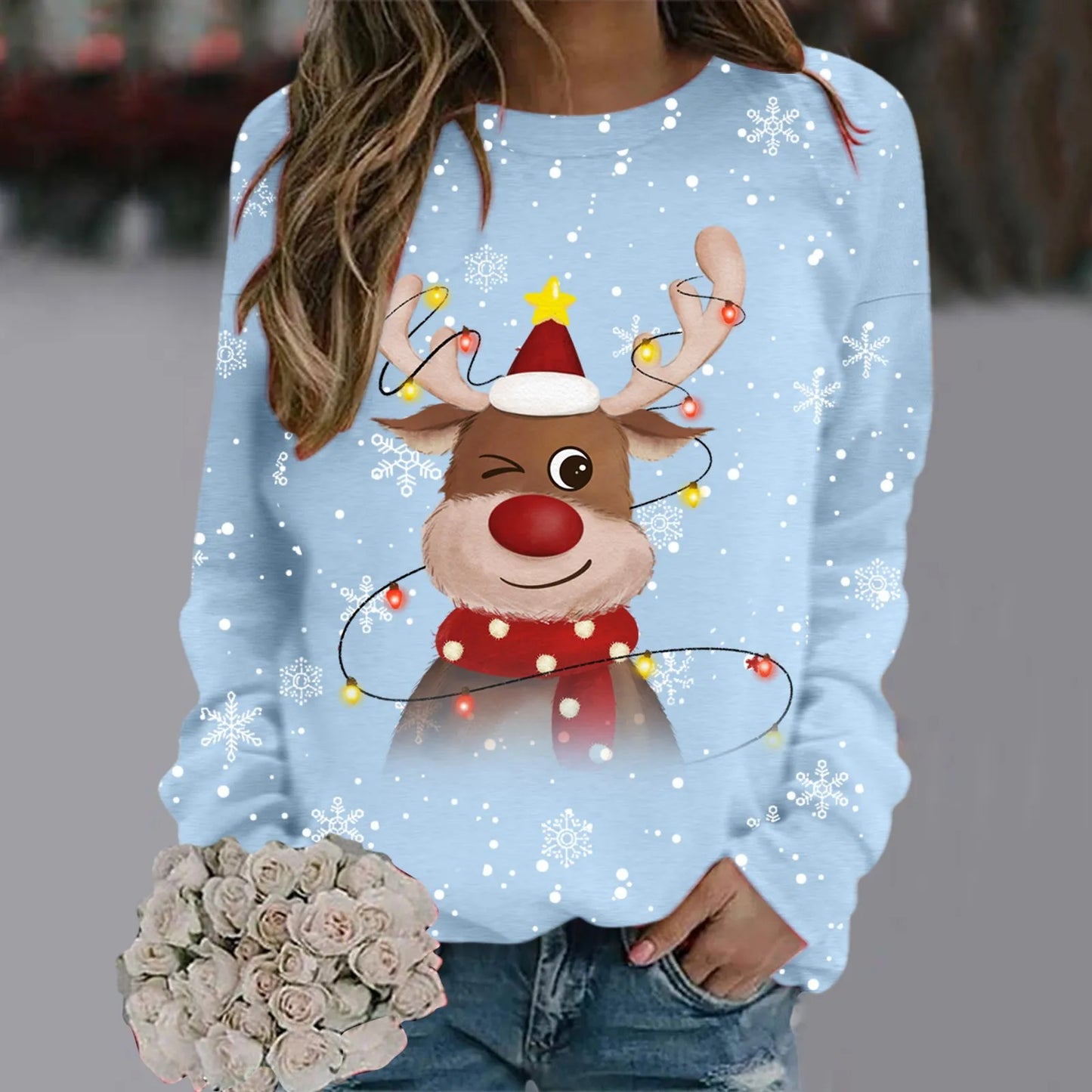Weihnachtspullover Damen Weich 3D Rentier Design - IdealeKleiden