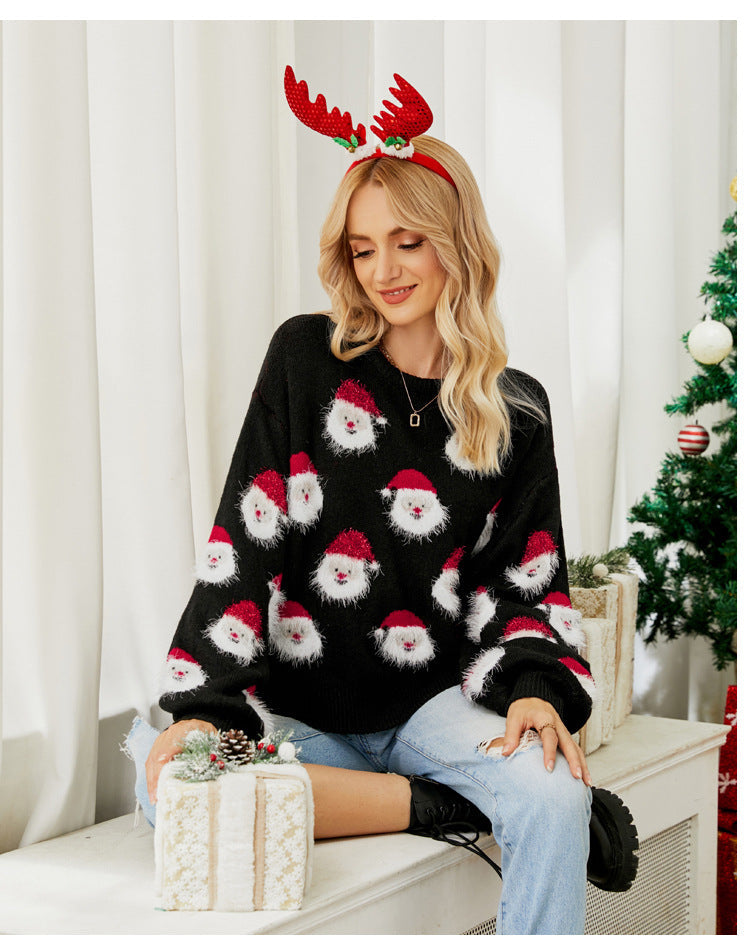 Weihnachts-Strickkleid Frauen Rundhals Mit Nikolaus-Motiv