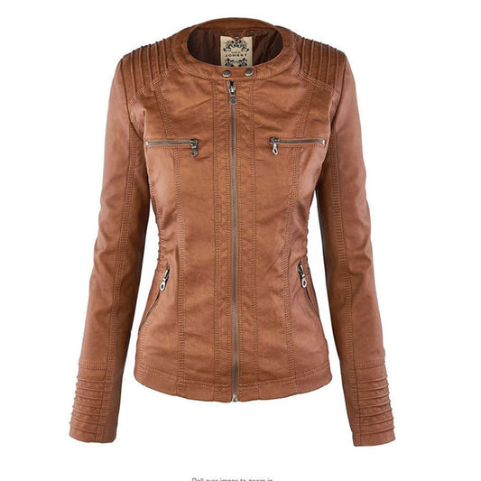 Wasserdichte Lederjacke Damen Elegant Abnehmbares Kapuzen - IdealeKleiden