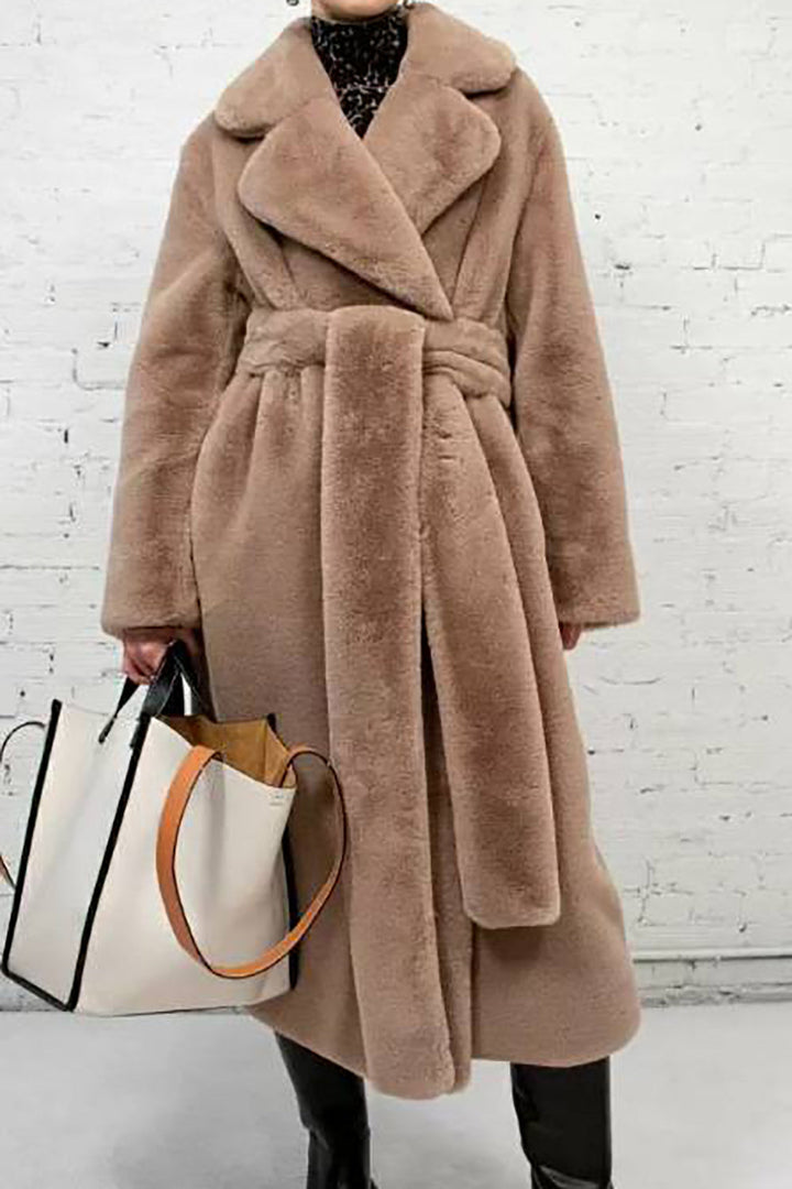 Damen Imitationsfell Jacke Lang Elegant Gürtel - IdealeKleiden