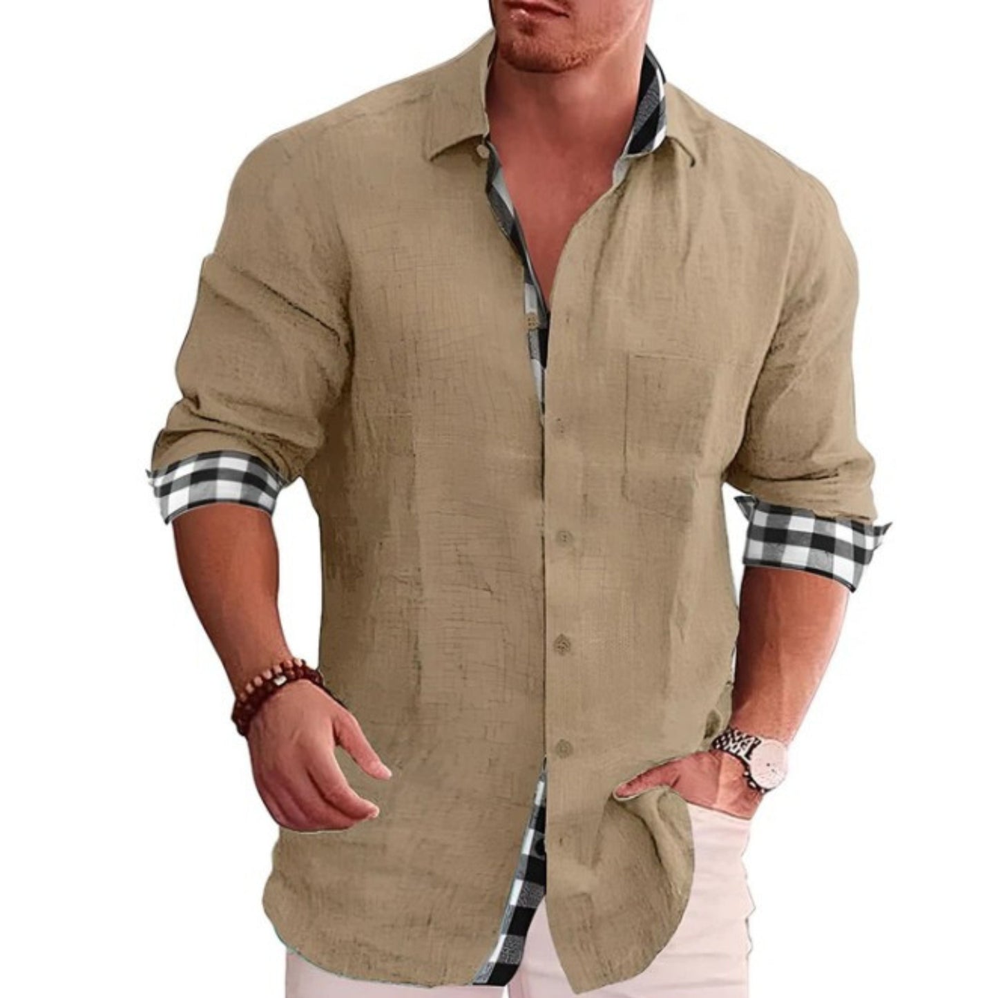 Light long-sleeve shirt with button placket and collar