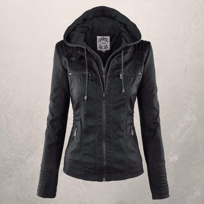 Women's Slim Fit Leather Jacket with Hood