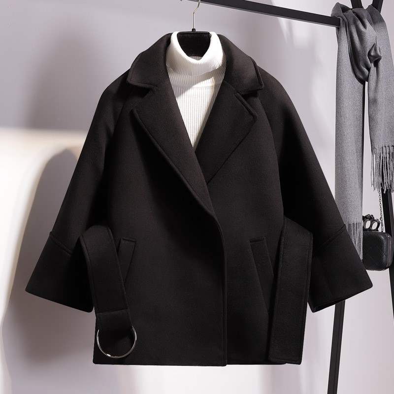 Women's Short Parka Wool Winter Jacket Wide Belt