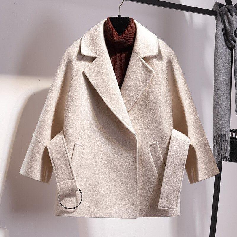 Women's Short Parka Wool Winter Jacket Wide Belt