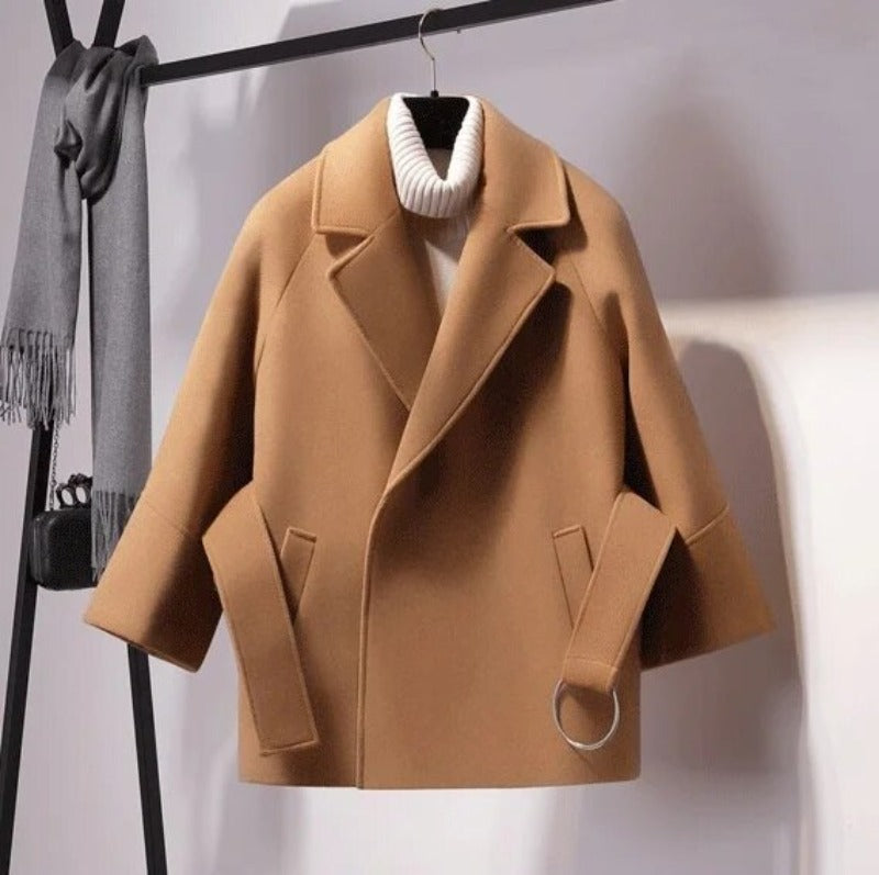 Women's Short Parka Wool Winter Jacket Wide Belt