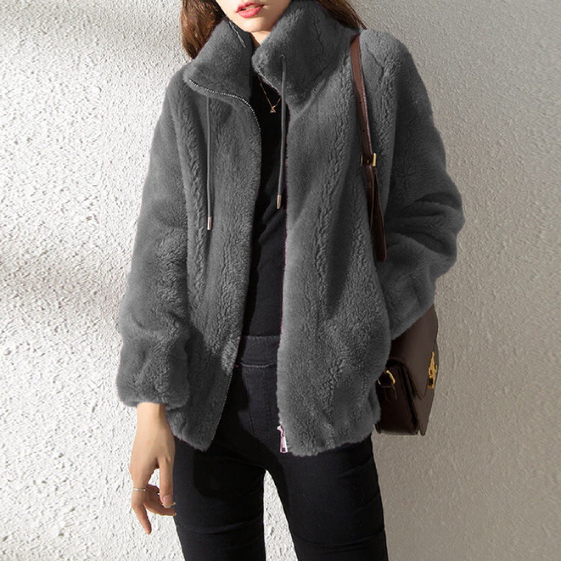 Soft Women's Teddy Jacket High Collar Zipper