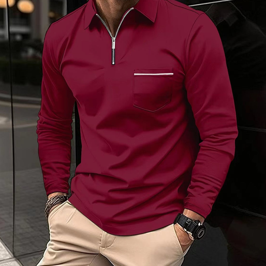Men's Long Sleeve Polo Shirt Collar Zip