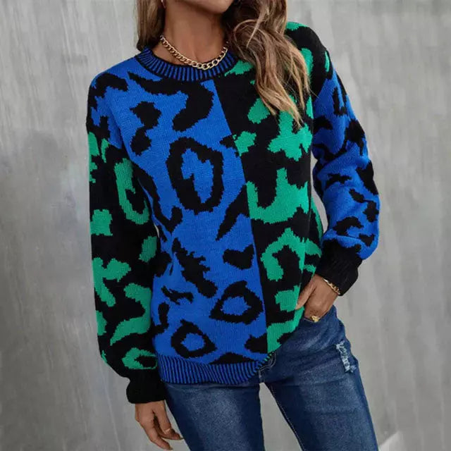 Leopard Pullover Damen Modisch Patchwork - IdealeKleiden