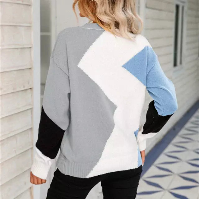 Modischer Pullover Kontrastfarben Gerippter Saum - IdealeKleiden