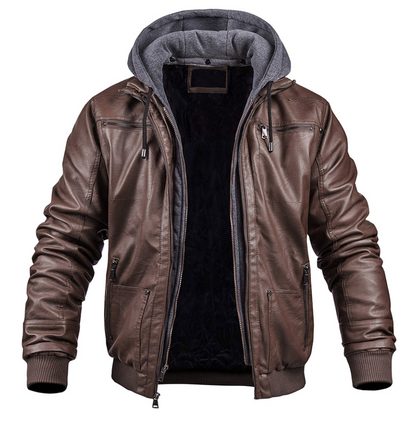 Men's Leather Jacket Winter Hooded Zipper