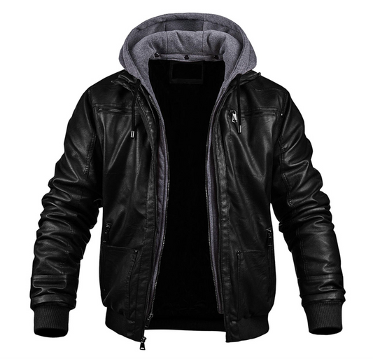 Herren Lederjacke Winter Kapuze Reißverschluss - IdealeKleiden