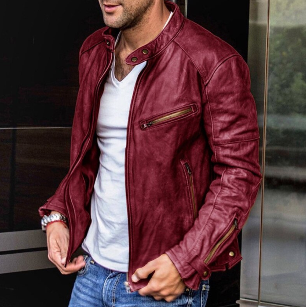 Men's Leather Jacket Biker Style Zipper