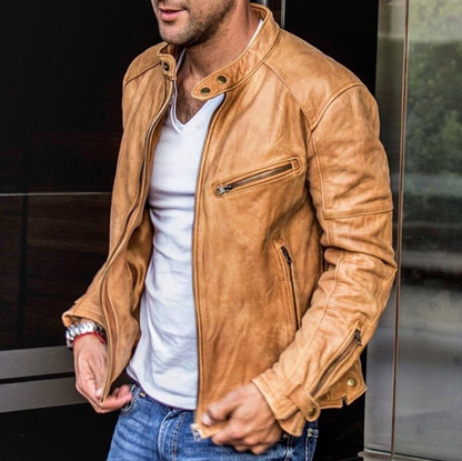 Men's Leather Jacket Biker Style Zipper