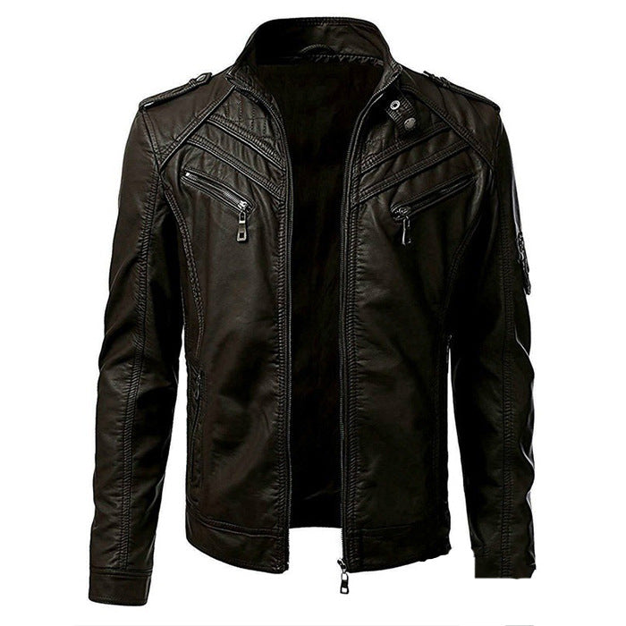 Men's Leather Biker Jacket Stand-Up Collar