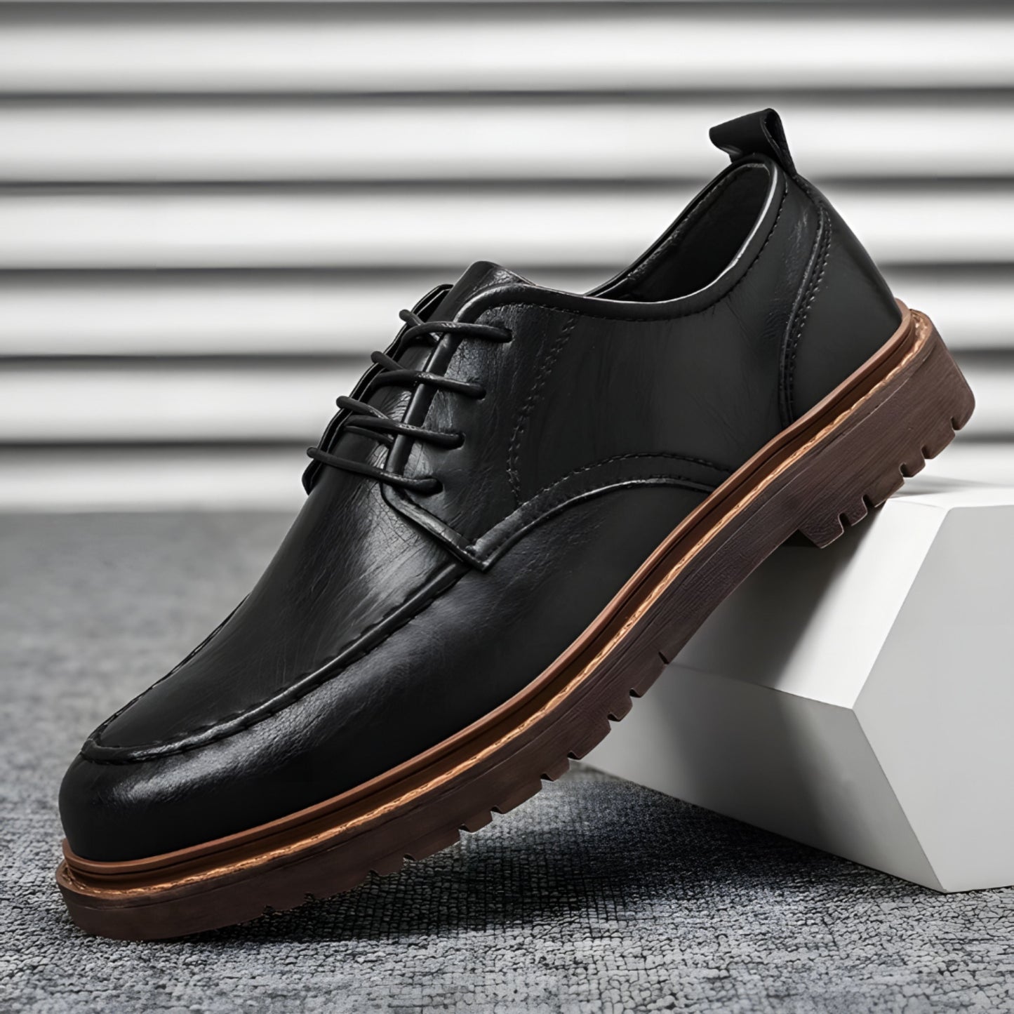 Men's Leather Shoes Brown Black Chunky Style