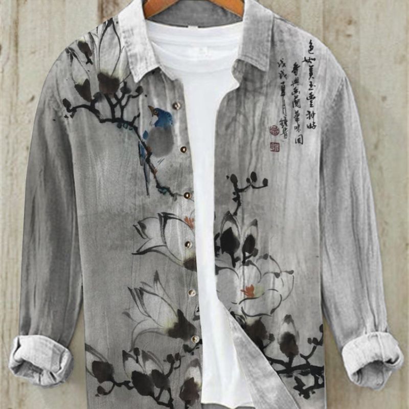 Men's Long Sleeve Linen Shirt, Modern Print